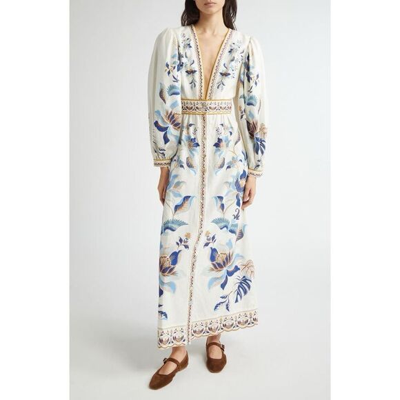 FARM Rio Women's White Blue Mystic Lotus Print Linen Blend Maxi Dress Small NWOT - Picture 2 of 16